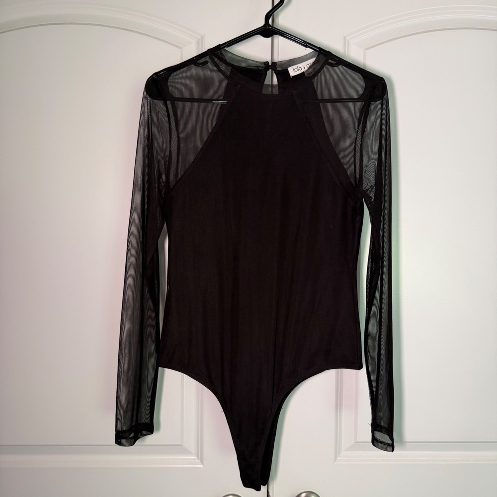 Lola + Grace Womens Black Mesh Long Sleeve Bodice Top Keyhole Back Size Large